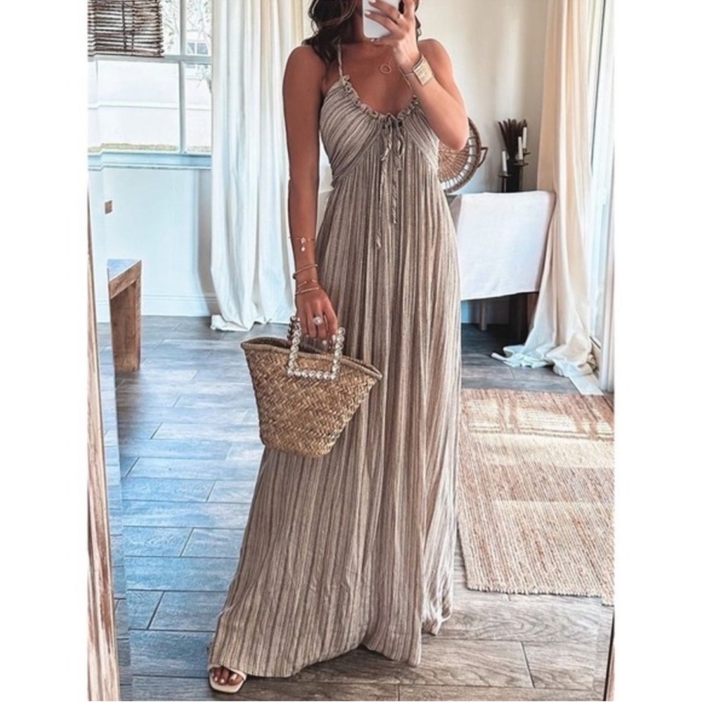 Commense Striped Maxi Dress Tie Back Sleeveless Casual Sundress Dress size M